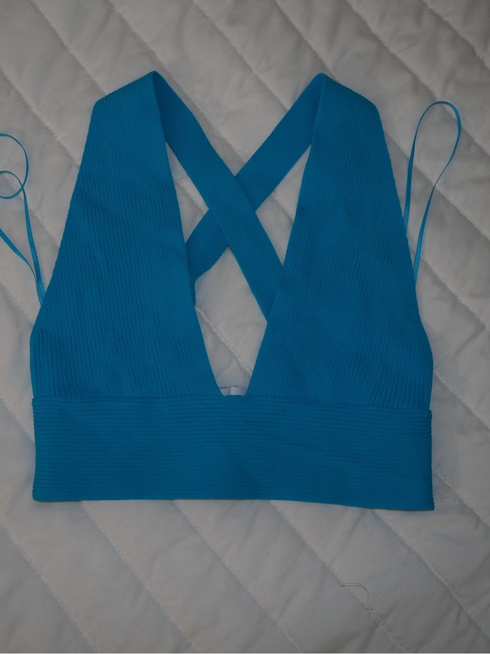ZARA Bright Ocean Blue Ribbed Knit Plunge Criss Cross Back Bralette Top - S